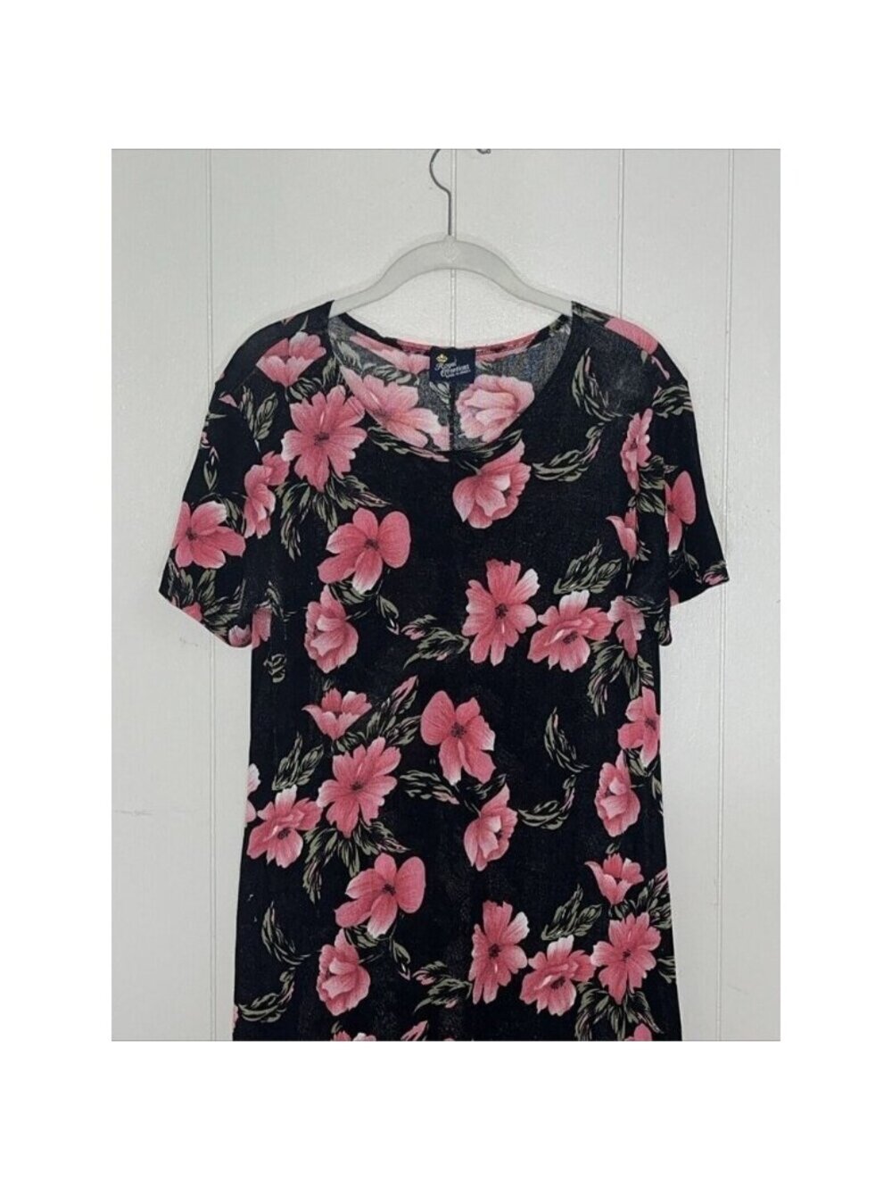 Royal Creations Vintage Black Floral Maxi Dress Medium Pink Flowers Hawaii